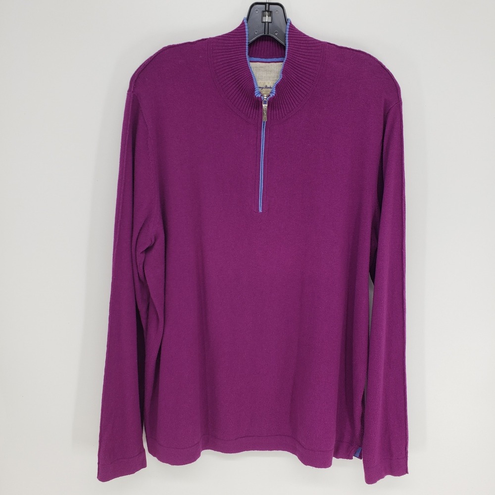 Tommy Bahama Quarter‎ Zip Sweater Mens Medium Purple Long Sleeve Cotton Cashmere